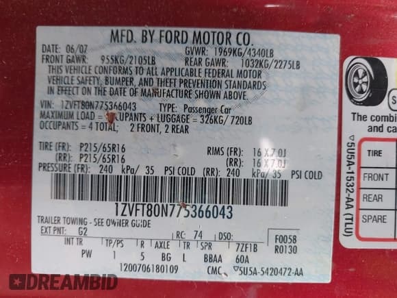 ✅ 2007 Ford Mustang Deluxe • VIN: 1ZVFT80N775366043 • Lot: 42910749. Listed on IAAI with 175,296 mi. Free auction sales archive from the USA and detailed vehicle history report at DreamBid. Image 9.