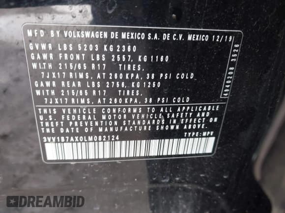 ✅ 2020 Volkswagen Tiguan S • VIN: 3VV1B7AX0LM082124 • Лот: 43534001. Опубликован ранее на IAAI с пробегом 101 006 миль. Бесплатный доступ к архиву аукционных продаж из США и подробный отчёт об истории автомобиля на DreamBid. Изображение 9.