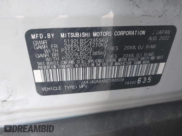 ✅ 2022 Mitsubishi Outlander SE • VIN: JA4J4UA8XNZ088508 • Lot: 42940121. Listed on IAAI with 50,139 mi. Free auction sales archive from the USA and detailed vehicle history report at DreamBid. Image 9.