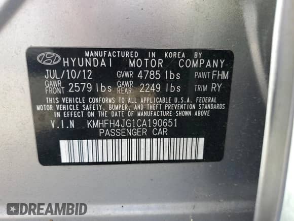 2012 Hyundai Azera с VIN KMHFH4JG1CA190651, выставлен на аукционе Copart как лот 42461115 с пробегом 113 159 миль миль и Чистый • Clean title. История ставок и продаж доступна на DreamBid. Изображение 12.