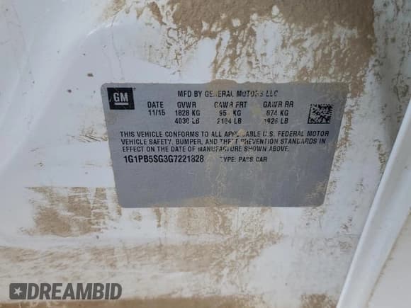 ✅ 2016 Chevrolet Cruze LS • VIN: 1G1PB5SG3G7221828 • Lot: 65468435. Listed on Copart with 142,469 mi. Free auction sales archive from the USA and detailed vehicle history report at DreamBid. Image 12.