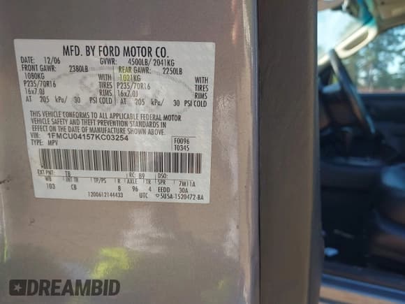 ✅ 2007 Ford Escape Limited • VIN: 1FMCU04157KC03254 • Лот: 42849649. Опубликован ранее на IAAI с пробегом 192 166 миль. Бесплатный доступ к архиву аукционных продаж из США и подробный отчёт об истории автомобиля на DreamBid. Изображение 9.