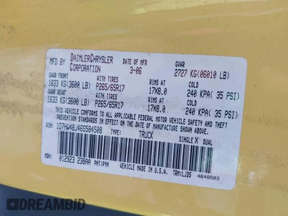 2006 Dodge Dakota SLT z VIN 1D7HW48J46S584508, wystawiony jako IAAI lot #40732421 z przebiegiem 148 957 mil mil oraz . Historia ofert i sprzedaży dostępna na DreamBid. Obrazek 9.