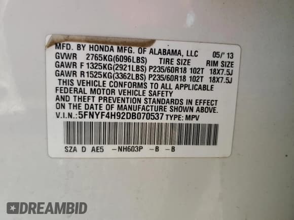 ✅ 2013 Honda Pilot Touring • VIN: 5FNYF4H92DB070537 • Лот: 71545385. Опубликован ранее на Copart с пробегом 133 557 миль. Бесплатный доступ к архиву аукционных продаж из США и подробный отчёт об истории автомобиля на DreamBid. Изображение 13.