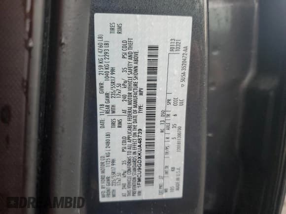 ✅ 2019 Ford Escape SE • VIN: 1FMCU9GDXKUA48739 • Lot: 67376565. Wystawiony na Copart z przebiegiem 58 059 mil. Bezpłatny archiwum sprzedaży aukcyjnych z USA i szczegółowy raport historii pojazdu na DreamBid. Zdjęcie 14.