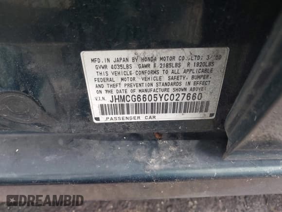 ✅ 2000 Honda Accord EX • VIN: JHMCG6605YC027660 • Lot: 42754950. Wystawiony na IAAI z przebiegiem 207 164 mil. Bezpłatny archiwum sprzedaży aukcyjnych z USA i szczegółowy raport historii pojazdu na DreamBid. Zdjęcie 9.