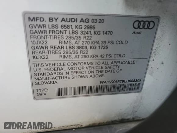 ✅ 2020 Audi Q7 Prestige • VIN: WA1VXAF79LD008309 • Lot: 81399905. Listed on Copart with 49,091 mi. Free auction sales archive from the USA and detailed vehicle history report at DreamBid. Image 14.