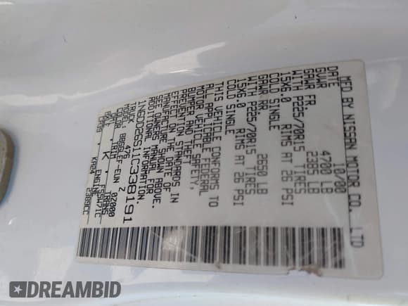 ✅ 2001 Nissan Frontier XE • VIN: 1N6DD26S11C338191 • Lot: 42078014. Listed on IAAI with 307,126 mi. Free auction sales archive from the USA and detailed vehicle history report at DreamBid. Image 9.