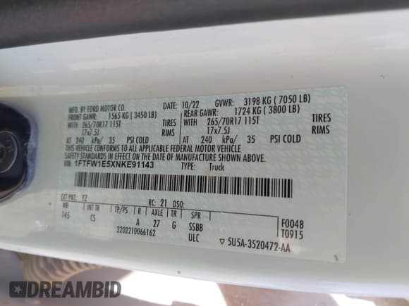 ✅ 2022 Ford F-150 XL • VIN: 1FTFW1E5XNKE91143 • Lot: 42823433. Listed on IAAI with 74,617 mi. Free auction sales archive from the USA and detailed vehicle history report at DreamBid. Image 9.