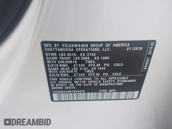 ✅ 2019 Volkswagen Atlas SE • VIN: 1V2UR2CA0KC534378 • Lot: 42351326. Listed on IAAI with 85,537 mi. Free auction sales archive from the USA and detailed vehicle history report at DreamBid. Image 9.