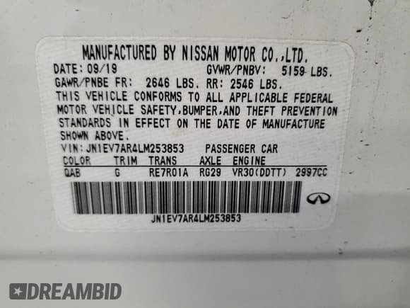 ✅ 2020 Infiniti Q50 Luxe • VIN: JN1EV7AR4LM253853 • Lot: 61785455. Listed on Copart with Not provided. Free auction sales archive from the USA and detailed vehicle history report at DreamBid. Image 12.