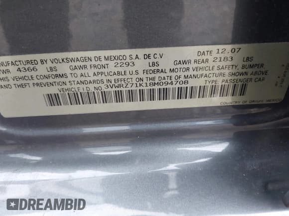 ✅ 2008 Volkswagen Jetta SE • VIN: 3VWRZ71K18M094708 • Lot: 43659837. Listed on IAAI with 141,009 mi. Free auction sales archive from the USA and detailed vehicle history report at DreamBid. Image 9.