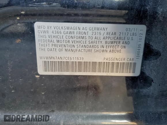 ✅ 2012 Volkswagen CC Sport • VIN: WVWMN7AN7CE511539 • Lot: 95502335. Listed on Copart with 116,850 mi. Free auction sales archive from the USA and detailed vehicle history report at DreamBid. Image 12.