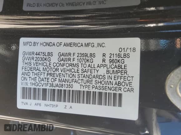 2018 Honda Accord Sport с VIN 1HGCV1F38JA081350, выставлен на аукционе Copart как лот 84411965 с пробегом 124 279 миль миль и Чистый • Clean title. История ставок и продаж доступна на DreamBid. Изображение 12.