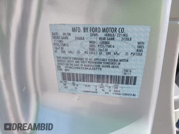 ✅ 2009 Ford Escape Hybrid • VIN: 1FMCU593X9KA59775 • Lot: 42763464. Listed on IAAI with 142,396 mi. Free auction sales archive from the USA and detailed vehicle history report at DreamBid. Image 9.