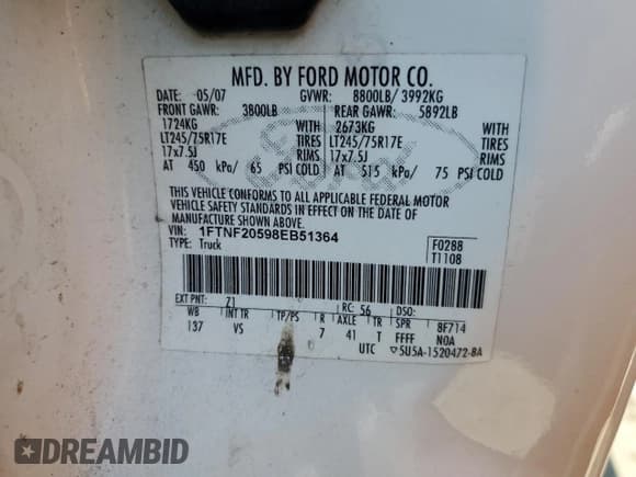 ✅ 2008 Ford F-250 XL • VIN: 1FTNF20598EB51364 • Лот: 65076984. Опубликован ранее на Copart с пробегом 244 177 миль. Бесплатный доступ к архиву аукционных продаж из США и подробный отчёт об истории автомобиля на DreamBid. Изображение 12.