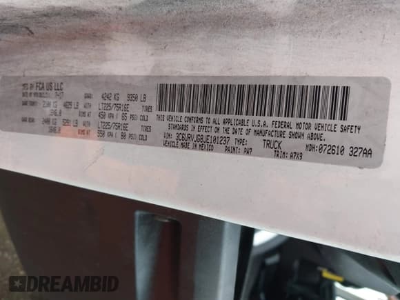 ✅ 2018 Ram ProMaster Cargo • VIN: 3C6URVJG8JE101237 • Lot: 43797901. Listed on IAAI with 169,686 mi. Free auction sales archive from the USA and detailed vehicle history report at DreamBid. Image 9.