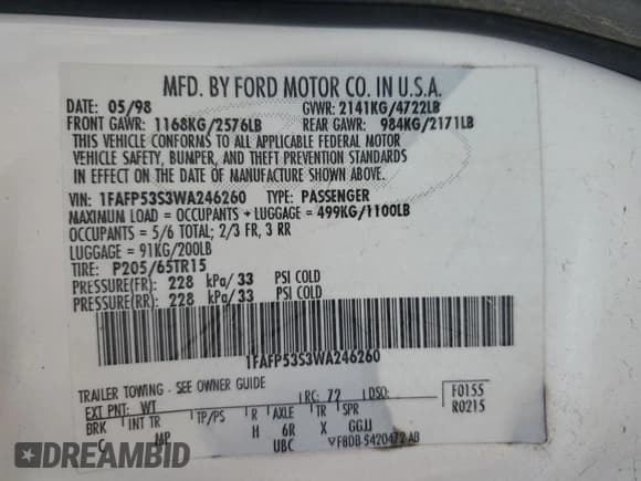 ✅ 1998 Ford Taurus SE Comfort • VIN: 1FAFP53S3WA246260 • Лот: 91224205. Опубликован ранее на Copart с пробегом 167 263 миль. Бесплатный доступ к архиву аукционных продаж из США и подробный отчёт об истории автомобиля на DreamBid. Изображение 12.