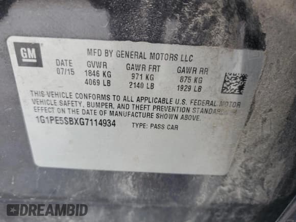 ✅ 2016 Chevrolet Cruze LT • VIN: 1G1PE5SBXG7114934 • Лот: 67773865. Опубликован ранее на Copart с пробегом 126 233 миль. Бесплатный доступ к архиву аукционных продаж из США и подробный отчёт об истории автомобиля на DreamBid. Изображение 12.