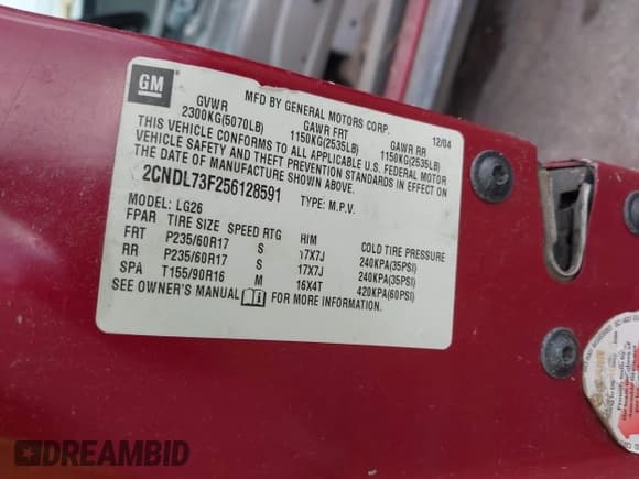 ✅ 2005 Chevrolet Equinox LT • VIN: 2CNDL73F256128591 • Лот: 40205719. Опубликован ранее на IAAI с пробегом Не указан. Бесплатный доступ к архиву аукционных продаж из США и подробный отчёт об истории автомобиля на DreamBid. Изображение 9.