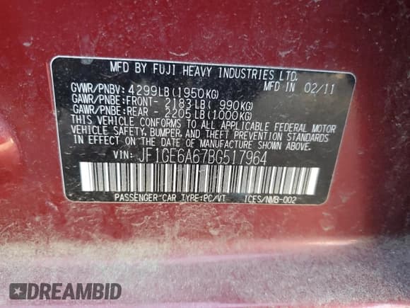 ✅ 2011 Subaru Impreza 2.5i • VIN: JF1GE6A67BG517964 • Лот: 88670825. Опубликован ранее на Copart с пробегом 109 949 миль. Бесплатный доступ к архиву аукционных продаж из США и подробный отчёт об истории автомобиля на DreamBid. Изображение 14.