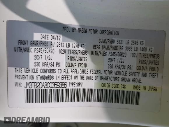 ✅ 2012 Mazda CX-9 Grand Touring • VIN: JM3TB2DA8C0359386 • Лот: 42119728. Опубликован ранее на IAAI с пробегом 170 834 миль. Бесплатный доступ к архиву аукционных продаж из США и подробный отчёт об истории автомобиля на DreamBid. Изображение 9.