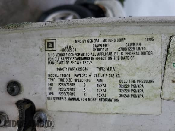 1996 Chevrolet Blazer с VIN 1GNCT18W5TK120346, выставлен на аукционе Copart как лот 73663484 с пробегом 129 758 миль миль и Чистый • Clean title. История ставок и продаж доступна на DreamBid. Изображение 13.