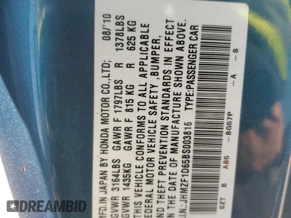 ✅ 2011 Honda CR-Z EX • VIN: JHMZF1D65BS003816 • Lot: 92064765. Listed on Copart with 159,045 mi. Free auction sales archive from the USA and detailed vehicle history report at DreamBid. Image 13.