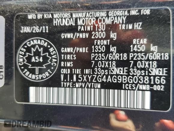 ✅ 2011 Hyundai Santa Fe GLS • VIN: 5XYZG4AG9BG038166 • Lot: 74059304. Listed on Copart with 232,742 mi. Free auction sales archive from the USA and detailed vehicle history report at DreamBid. Image 14.