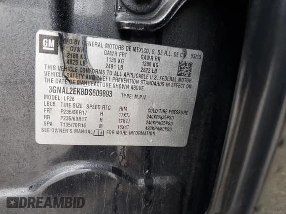 ✅ 2013 Chevrolet Captiva Sport LS • VIN: 3GNAL2EK8DS609893 • Lot: 43405205. Wystawiony na Copart z przebiegiem 131 336 mil. Bezpłatny archiwum sprzedaży aukcyjnych z USA i szczegółowy raport historii pojazdu na DreamBid. Zdjęcie 15.