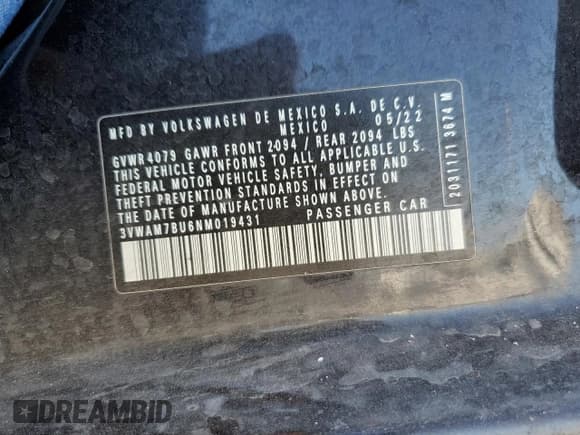 ✅ 2022 Volkswagen Jetta Sport • VIN: 3VWAM7BU6NM019431 • Lot: 72572344. Wystawiony na Copart z przebiegiem 47 215 mil. Bezpłatny archiwum sprzedaży aukcyjnych z USA i szczegółowy raport historii pojazdu na DreamBid. Zdjęcie 12.