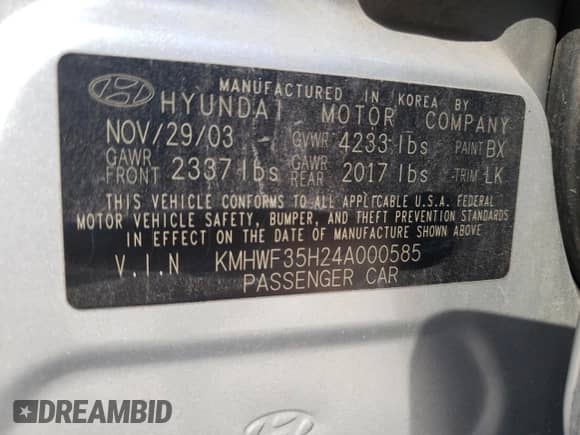 2004 Hyundai Sonata GLS with VIN KMHWF35H24A000585, listed as a Copart auction lot 59238264 with 119,864 mi miles and Salvage title. Bid and sale history available at DreamBid. Image 12.