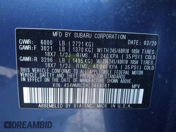 ✅ 2020 Subaru Ascent Premium • VIN: 4S4WMACDXL3468061 • Lot: 43535696. Listed on IAAI with 80,467 mi. Free auction sales archive from the USA and detailed vehicle history report at DreamBid. Image 9.