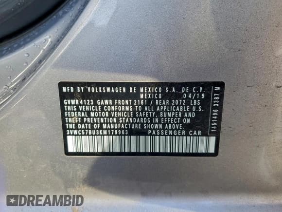 ✅ 2019 Volkswagen Jetta S • VIN: 3VWC57BU3KM179963 • Lot: 94981115. Wystawiony na Copart z przebiegiem 46 715 mil. Bezpłatny archiwum sprzedaży aukcyjnych z USA i szczegółowy raport historii pojazdu na DreamBid. Zdjęcie 12.