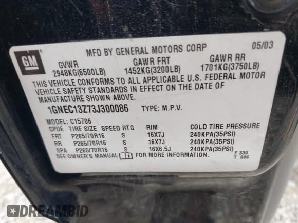 ✅ 2003 Chevrolet Tahoe LS • VIN: 1GNEC13Z73J300086 • Lot: 42631182. Listed on IAAI with 258,536 mi. Free auction sales archive from the USA and detailed vehicle history report at DreamBid. Image 9.