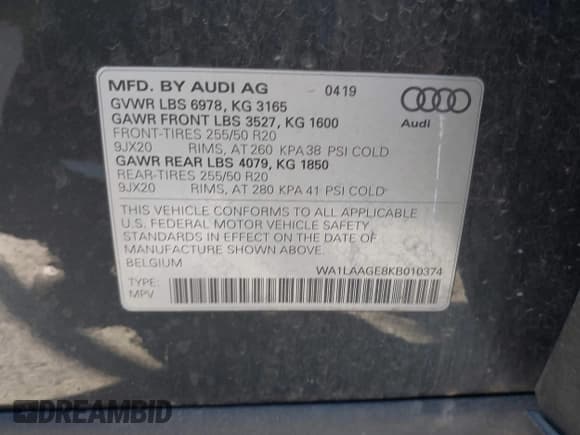 ✅ 2019 Audi e-tron Premium Plus • VIN: WA1LAAGE8KB010374 • Lot: 43541148. Listed on IAAI with 43,510 mi. Free auction sales archive from the USA and detailed vehicle history report at DreamBid. Image 9.