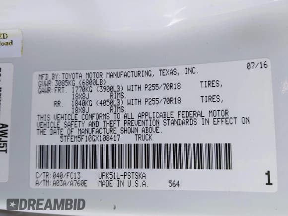 ✅ 2016 Toyota Tundra SR5 • VIN: 5TFEM5F10GX108417 • Lot: 41361449. Listed on IAAI with 105,502 mi. Free auction sales archive from the USA and detailed vehicle history report at DreamBid. Image 9.