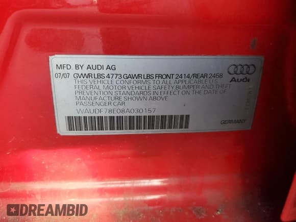 ✅ 2008 Audi A4 2.0T • VIN: WAUDF78E08A030157 • Lot: 48766265. Listed on Copart with 192,380 mi. Free auction sales archive from the USA and detailed vehicle history report at DreamBid. Image 13.