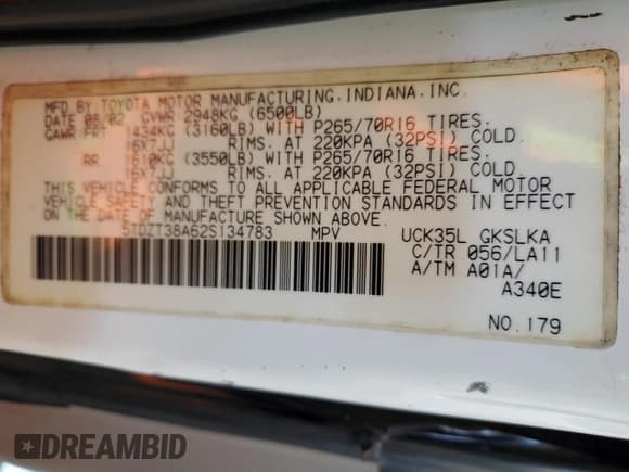 ✅ 2002 Toyota Sequoia Limited • VIN: 5TDZT38A62S134783 • Лот: 86534465. Опубликован ранее на Copart с пробегом 265 332 миль. Бесплатный доступ к архиву аукционных продаж из США и подробный отчёт об истории автомобиля на DreamBid. Изображение 13.