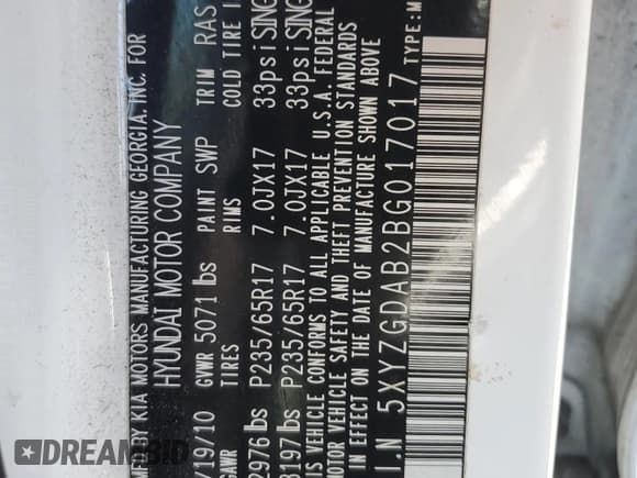 ✅ 2011 Hyundai Santa Fe GLS • VIN: 5XYZGDAB2BG017017 • Lot: 68528424. Listed on Copart with 95,999 mi. Free auction sales archive from the USA and detailed vehicle history report at DreamBid. Image 13.