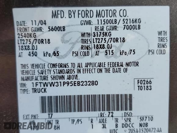 ✅ 2005 Ford F-350 XL • VIN: 1FTWW31P95EB23280 • Lot: 50005925. Listed on Copart with 198,416 mi. Free auction sales archive from the USA and detailed vehicle history report at DreamBid. Image 12.