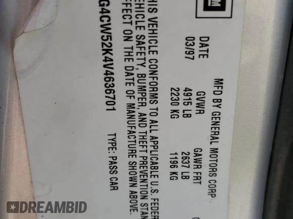 ✅ 1997 Buick Park Avenue • VIN: 1G4CW52K4V4636701 • Лот: 83964274. Опубликован ранее на Copart с пробегом 123 193 миль. Бесплатный доступ к архиву аукционных продаж из США и подробный отчёт об истории автомобиля на DreamBid. Изображение 12.