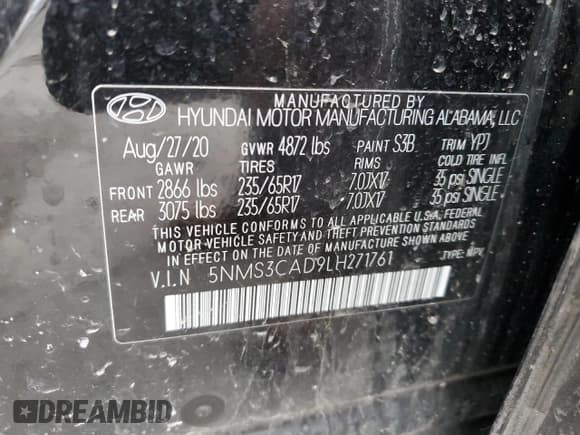 ✅ 2020 Hyundai Santa Fe SEL • VIN: 5NMS3CAD9LH271761 • Lot: 41629273. Listed on Copart with 34,179 mi. Free auction sales archive from the USA and detailed vehicle history report at DreamBid. Image 13.