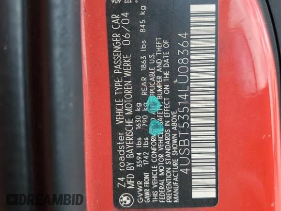 ✅ 2004 BMW Z4 3.0i • VIN: 4USBT53514LU08364 • Lot: 66452205. Listed on Copart with 124,744 mi. Free auction sales archive from the USA and detailed vehicle history report at DreamBid. Image 12.