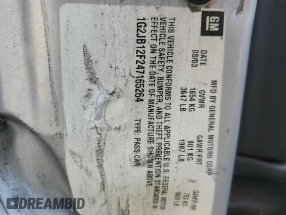 ✅ 2004 Pontiac Sunfire • VIN: 1G2JB12F247165264 • Lot: 77872304. Wystawiony na Copart z przebiegiem 128 428 mil. Bezpłatny archiwum sprzedaży aukcyjnych z USA i szczegółowy raport historii pojazdu na DreamBid. Zdjęcie 12.