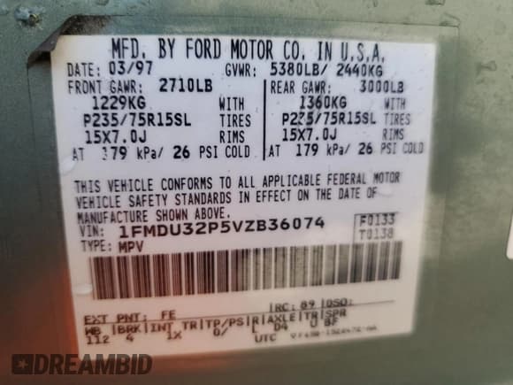 ✅ 1997 Ford Explorer XLT • VIN: 1FMDU32P5VZB36074 • Lot: 57289935. Listed on Copart with 185,654 mi. Free auction sales archive from the USA and detailed vehicle history report at DreamBid. Image 13.