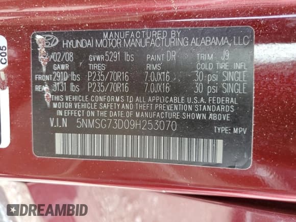 ✅ 2009 Hyundai Santa Fe GLS • VIN: 5NMSG73D09H253070 • Lot: 65345014. Listed on Copart with 174,649 mi. Free auction sales archive from the USA and detailed vehicle history report at DreamBid. Image 13.