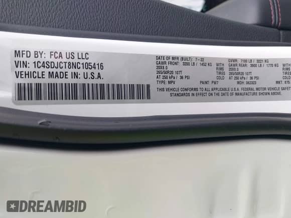 2022 Dodge Durango R/T with VIN 1C4SDJCT8NC105416, listed as a IAAI auction lot 42988581 with 27,043 mi miles and . Bid and sale history available at DreamBid. Image 9.