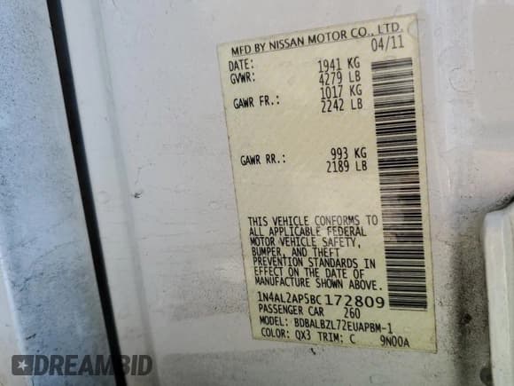 ✅ 2011 Nissan Altima S • VIN: 1N4AL2AP5BC172809 • Лот: 84806335. Опубликован ранее на Copart с пробегом Не указан. Бесплатный доступ к архиву аукционных продаж из США и подробный отчёт об истории автомобиля на DreamBid. Изображение 12.