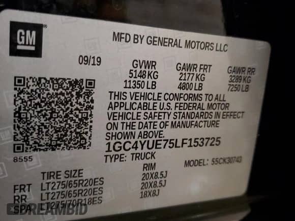 2020 Chevrolet Silverado 3500HD LTZ with VIN 1GC4YUE75LF153725, listed as a Copart auction lot 89548235 with 33,241 mi miles and Salvage title. Bid and sale history available at DreamBid. Image 12.